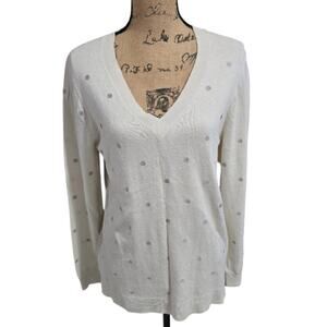 J. Crew White Polka‎ Dot Merino wool Blend v Neck Sweater Size Large